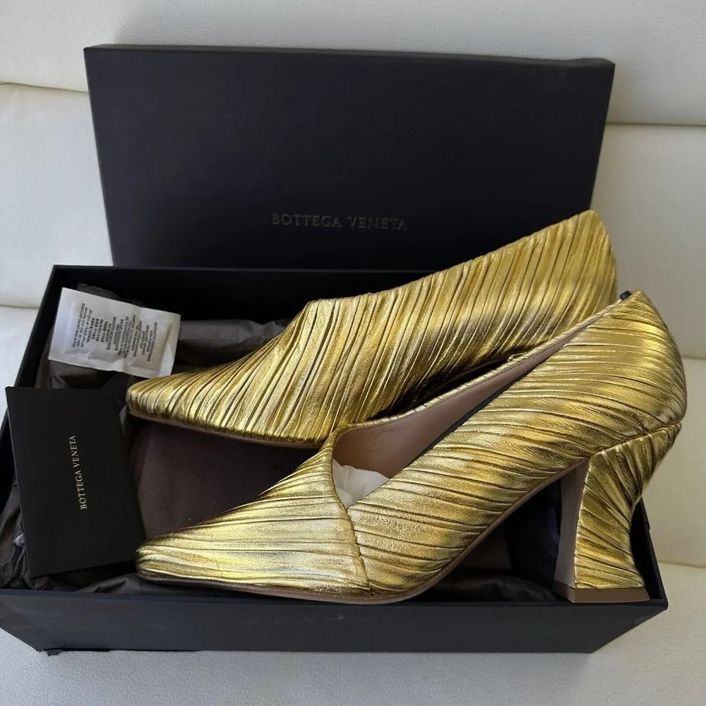 NEW Bottega Veneta Ladies Gold Heels Shoes Yellow Almond 75mm Pumps sz 39.5 - Picture 4 of 7